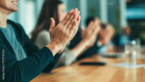 Group of young woman in office applauding, clapping hands at successful meeting or presentation. Generative AI