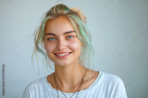 Smiling green-haired woman in a white t-shirt on a white background. © Suradet Rakha