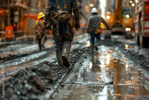 A lone construction worker, captured in motion, walks on the wet concrete surface of an urban construction site photo