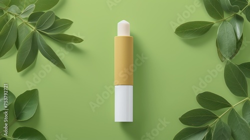 a tube of lip bale sitting on top of a green surface next to a leafy branch of a plant. photo