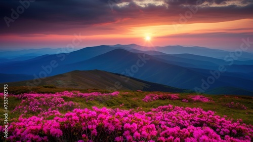 the sun is setting over a mountain range with wildflowers in the foreground and pink flowers in the foreground.