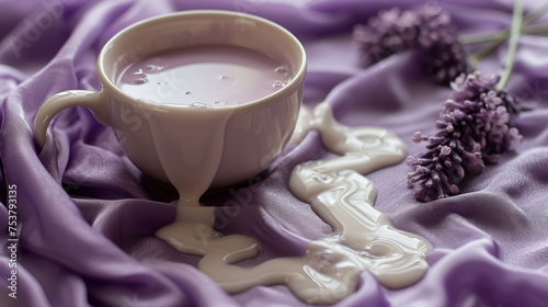 a cup of liquid sitting on top of a purple cloth next to a purple flower and a stem of lavender. photo