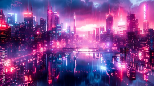 Futuristic city night urban fantasy, in the style of neon color. Generative AI.
