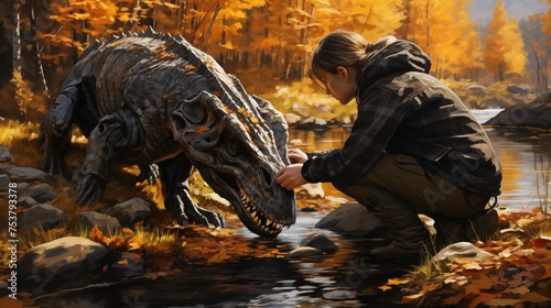 A girl strokes a dinosaur