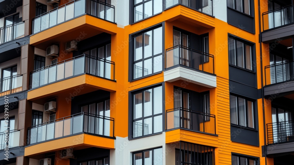 Modern apartment building with vibrant orange façade and protruding glass balconies under a blue sky