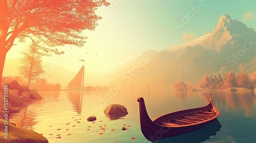 a small boat floating on top of a lake next to a shore covered in rocks and a boat floating on top of a lake. photo