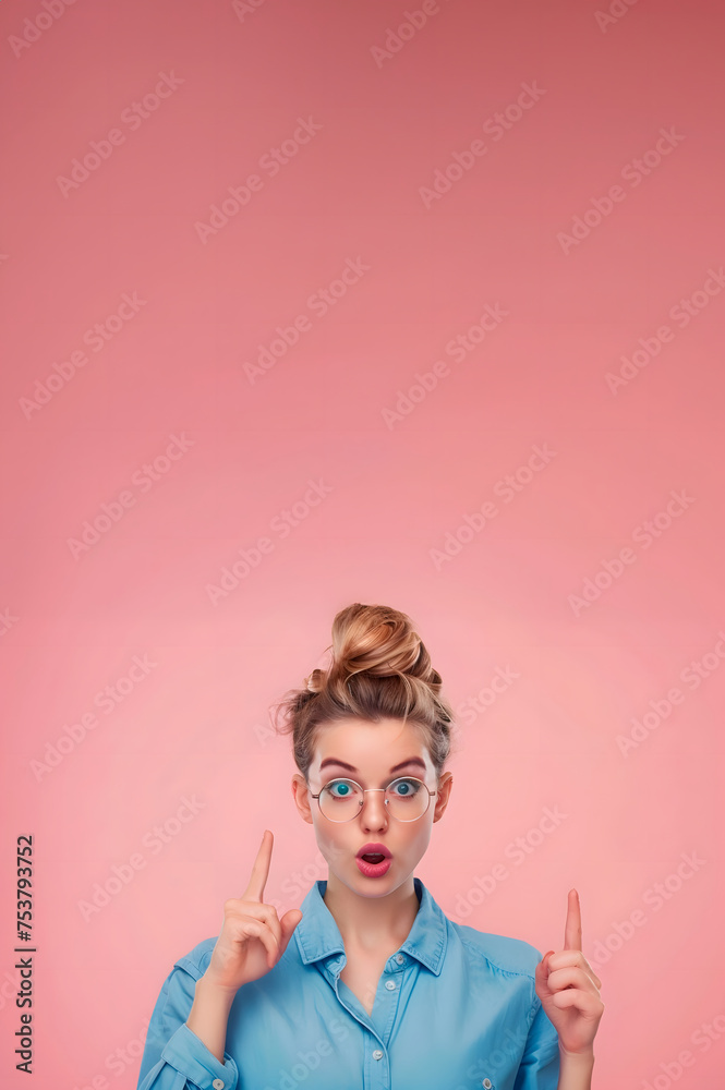 Portrait of positive woman, looking straight into empty space pointing fingers. On pink background. Portrait of positive woman, looking straight into empty space pointing fingers. On pink background.