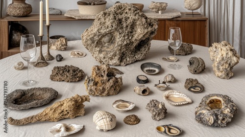 a table topped with lots of different types of rocks and seashells on top of a white table cloth. photo