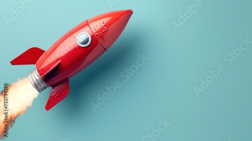 a red rocket ship flying through the air with a smoke trail coming out of the bottom of it, on a blue background.