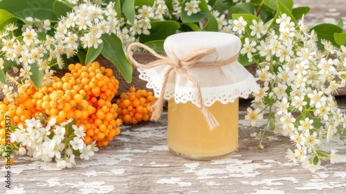 a jar of honey sitting on top of a table next to a bunch of orange and white flowers and green leaves. photo