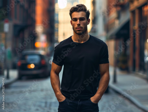 male in black t-shirt on city street 