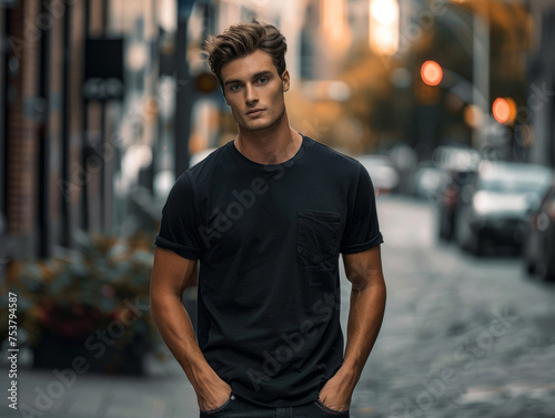 male in black t-shirt on city street 