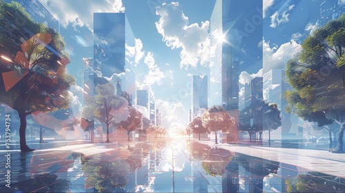 A futuristic city's digital graphic features adaptations for high temperatures, like reflective buildings and shaded walkways.