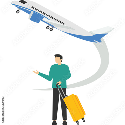 Business or tourism travel concept, work on the go. A businesswoman or entrepreneur carrying a suitcase rushes to the plane that is about to depart. Modern flat vector illustration for banners, poster