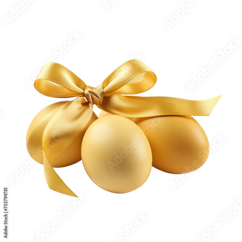 Three eggs with yellow coloring and a patterned ribbon isolated on transparent background
