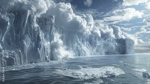 glacier splitting and calving into the ocean, illustrating the rapid ice melt caused by rising temperatures.