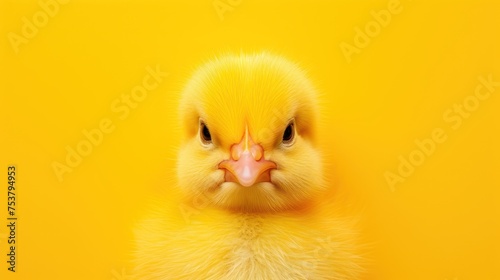 a close up of a yellow duck with a surprised look on it's face on a bright yellow background.