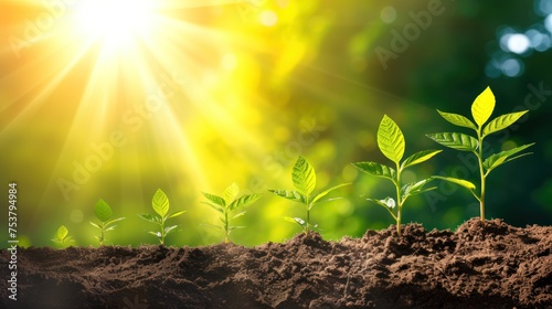 a group of young plants sprouting out of the ground in front of a bright green sunburst.