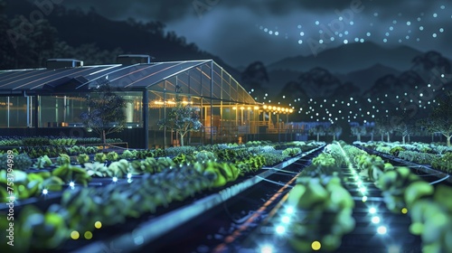 hydroponic farm lit by LED lights powered by renewable energy, highlighting sustainable agriculture.