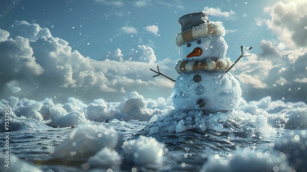 Obraz premium A digital image showing a melting snowman in an unexpected spot represents unusually warm winter conditions.