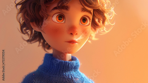 An intimate close-up of a cartoon boy with peach eyes