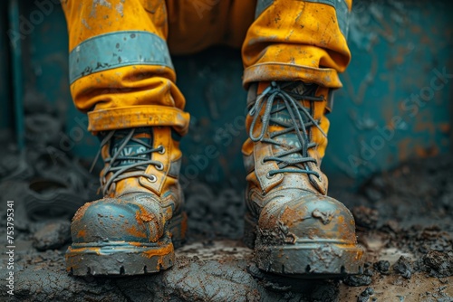 Detailed shot of a worker's muddy construction boots amidst a wet work environment photo