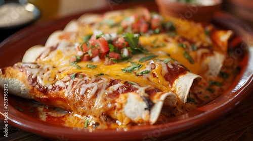 A plate of enchiladas topped with melted cheese and salsa