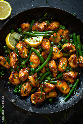 A dish featuring a combination of food ingredients such as chicken, green beans, peas, and lemon slices cooked in a pan, showcasing a delicious and flavorful cuisine