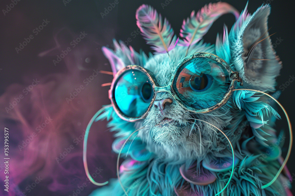 An ultra-realistic image of a fantastical pet creature, with fur in shades of teal