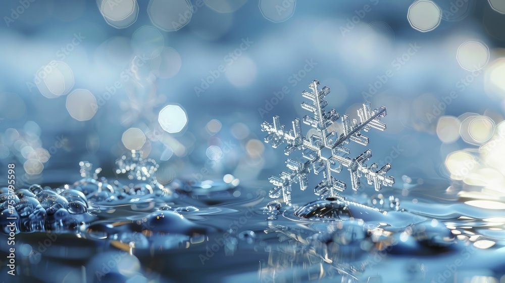 A digital image shows a snowflake melting into water, illustrating the impact of global warming on winter's chill. A digital image shows a snowflake melting into water, illustrating the impact of global warming on winter's chill.