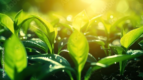 a close up of a green leafy plant with the sun shining through the leaves on the other side of the plant. photo