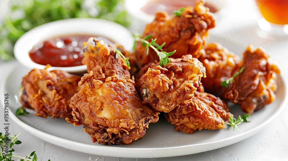 A plate of crispy fried chicken with dipping sauce, on white