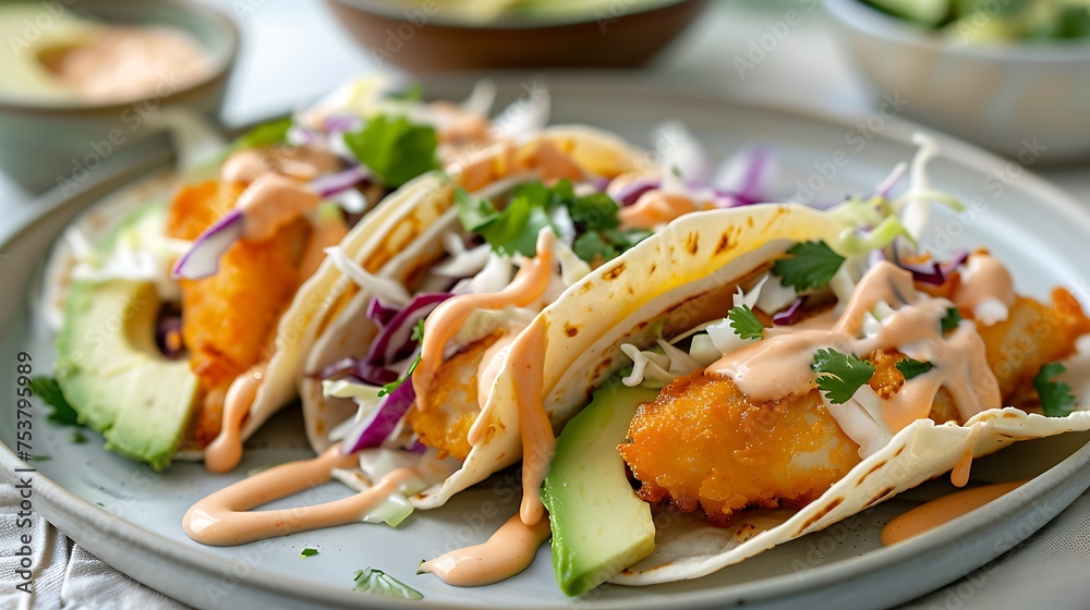 A plate of crispy fish tacos topped with slaw, avocado, and spicy mayo
