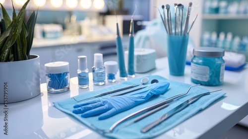 Plastic surgery instruments on surgical table, Surgical gloves and tools ready for a cosmetic procedure, sterile and professional setup
