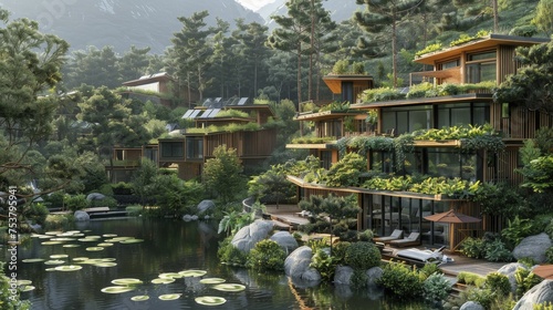 an eco-friendly resort powered entirely by renewable energy sources, nestled in nature. photo