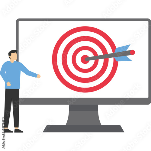 Digital targeting marketing strategy concept, business goals, startup project goals. Woman looking at the computer screen with a shooting target and arrow in the middle. Modern flat vector illustratio