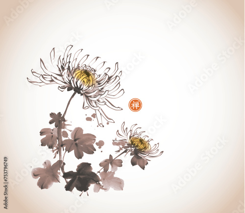 Ink wash painting with vivid chrysanthemum on white background. Traditional oriental ink painting sumi-e, u-sin, go-hua in vintage style. Translation of hieroglyph - zen