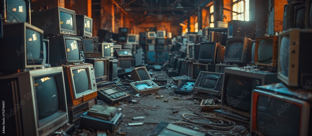 Many outdated computer monitors abandoned as a pile of garbage. Environmental problems that come from electronic waste - obrazy, fototapety, plakaty 