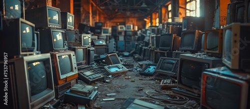 Many outdated computer monitors abandoned as a pile of garbage. Environmental problems that come from electronic waste photo