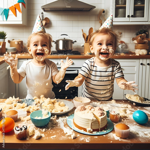 playful hyperactive cute twin toddlers misbehaving and making a huge mess in a kitchen, throwing around cake and food at a birthday party celebration.
