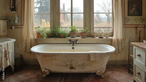 a white bath tub sitting under a window next to a sink and a window with a potted plant on top of it.