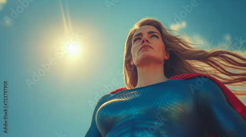 Bellow view of powerful superhero woman in costume with cape, looking imposing and fearless,