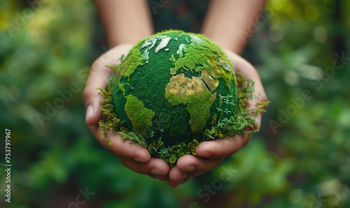 Hands Holding Globe In Green Forest - Environment protection Concept