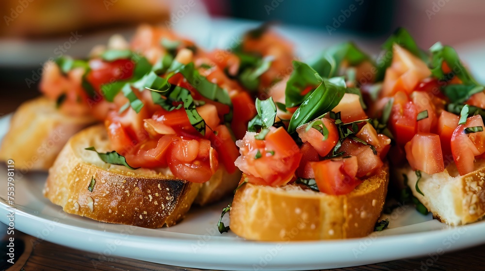 A plate of bruschetta topped with fresh tomatoes and basil