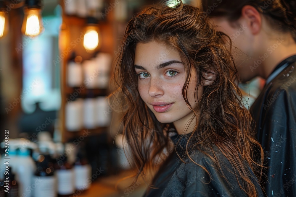 A young woman with wet, wavy hair in a salon cape smiles at the camera, hair care products in background