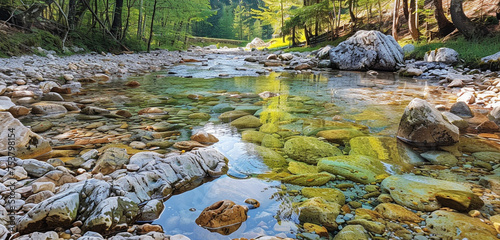 A image of a crisp, clear stream meandering through a rocky forest, capturing the clarity of the water and the ruggedness of the stones