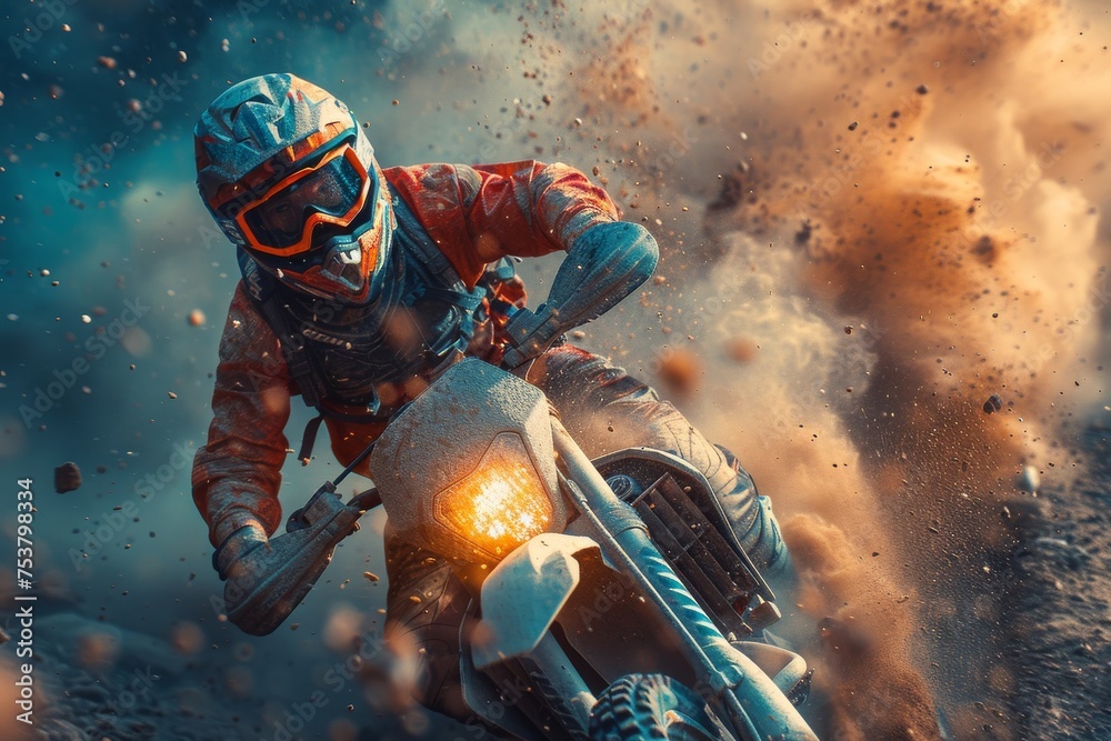 An exhilarating moment as a moto racer aggressively slides their bike on a dirt track during a turn An exhilarating moment as a moto racer aggressively slides their bike on a dirt track during a turn