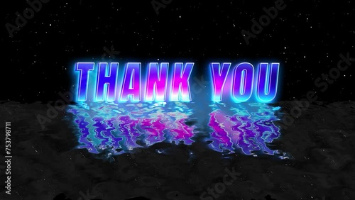 Thank You 80s retro futuristic neon glow cyberpunk color text Intro and Outro motion graphic template with ocean wave and stars burst particle black background. 4k Thank You end screen 2d animation.