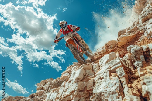 In an impressive display of skill, a dirt biker executes a challenging jump on a rugged desert terrain under a bright blue sky photo