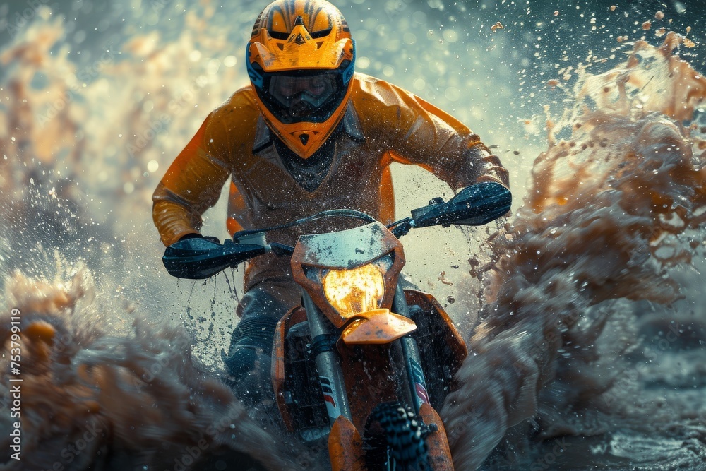 A dirt bike rider cuts a path through water, creating a dramatic splash, portraying action and the essence of off-road biking A dirt bike rider cuts a path through water, creating a dramatic splash, portraying action and the essence of off-road biking